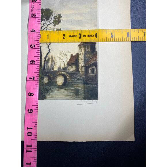 Henri Huguet Hand-Colored Etching Aquatint Village Bridge Tower Signed #rd 20thC - Picture 4 of 6